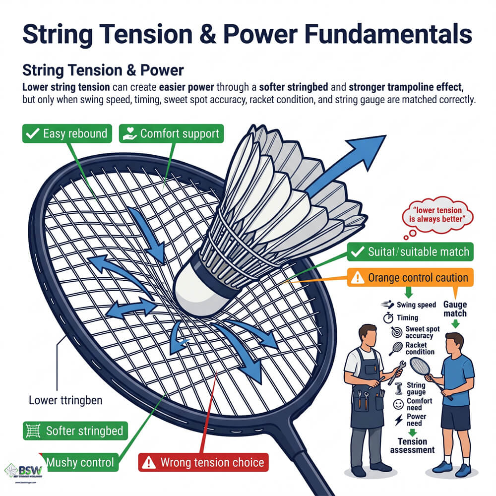 Lower badminton string tension showing stringbed rebound and power generation