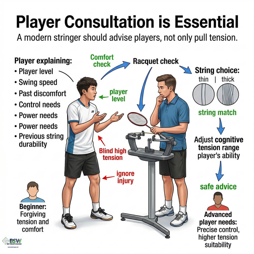 Modern badminton stringing course focused on player consultation and frame safety