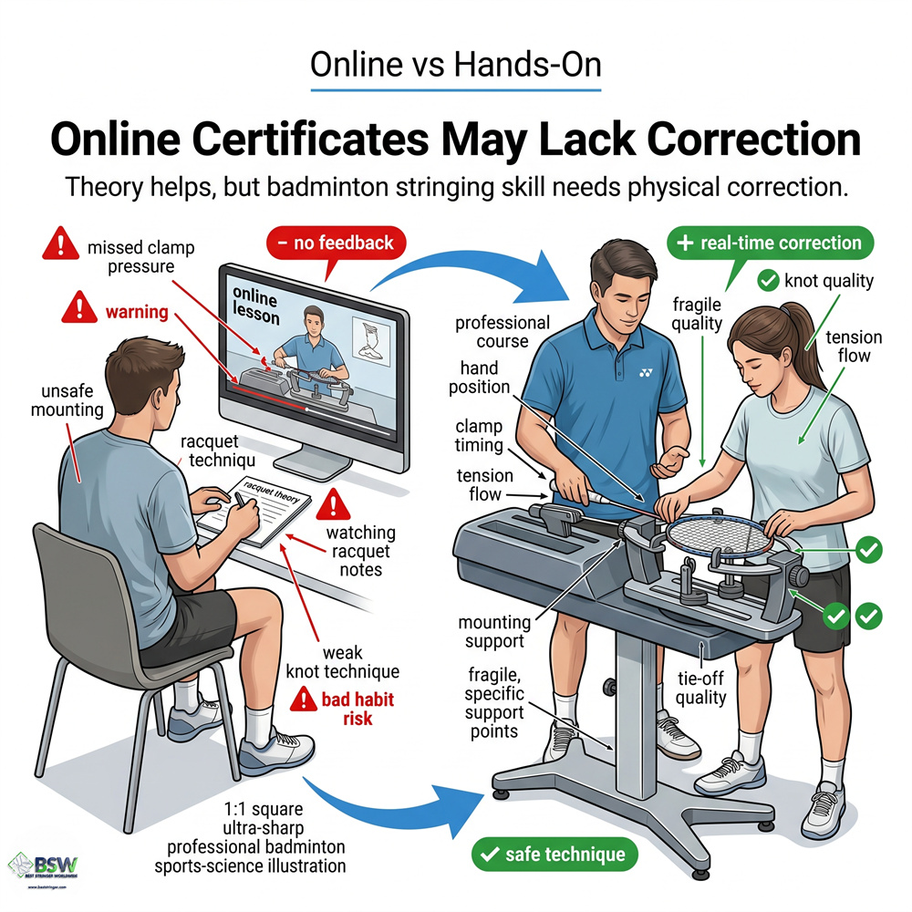 Online certificate versus hands-on badminton stringing training and technical correction