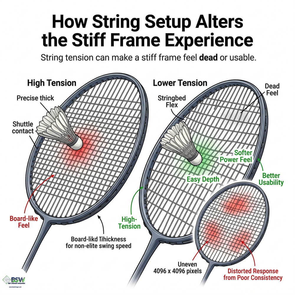 Stiff frame vs less stiff badminton racquet comparison for players and stringers