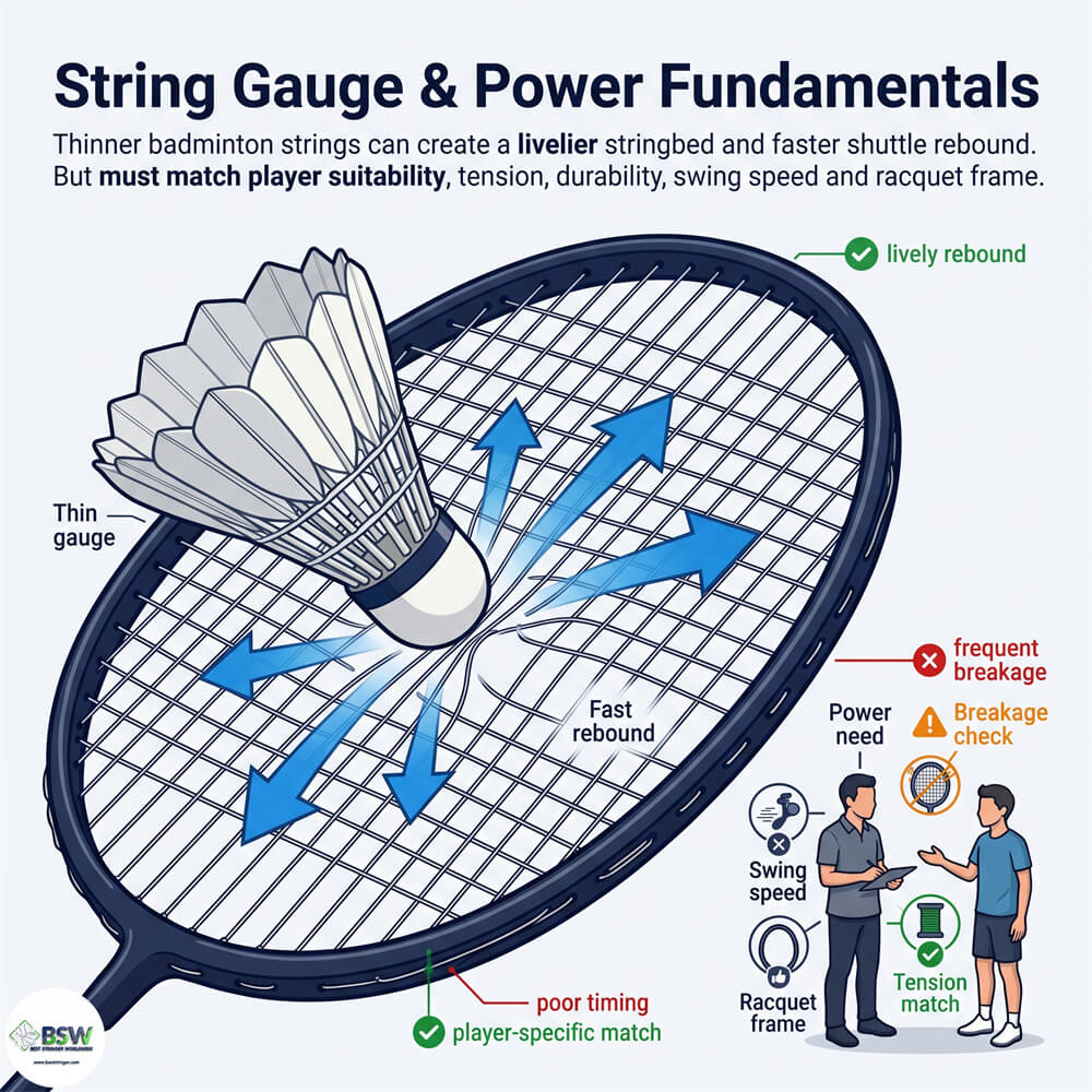 Thinner badminton string showing livelier stringbed response and power generation