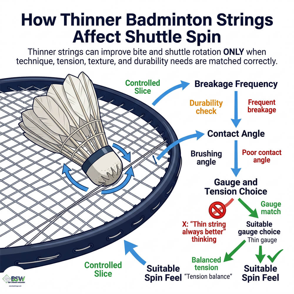 Thinner badminton string showing sharper bite and shuttle rotation on a racquet head