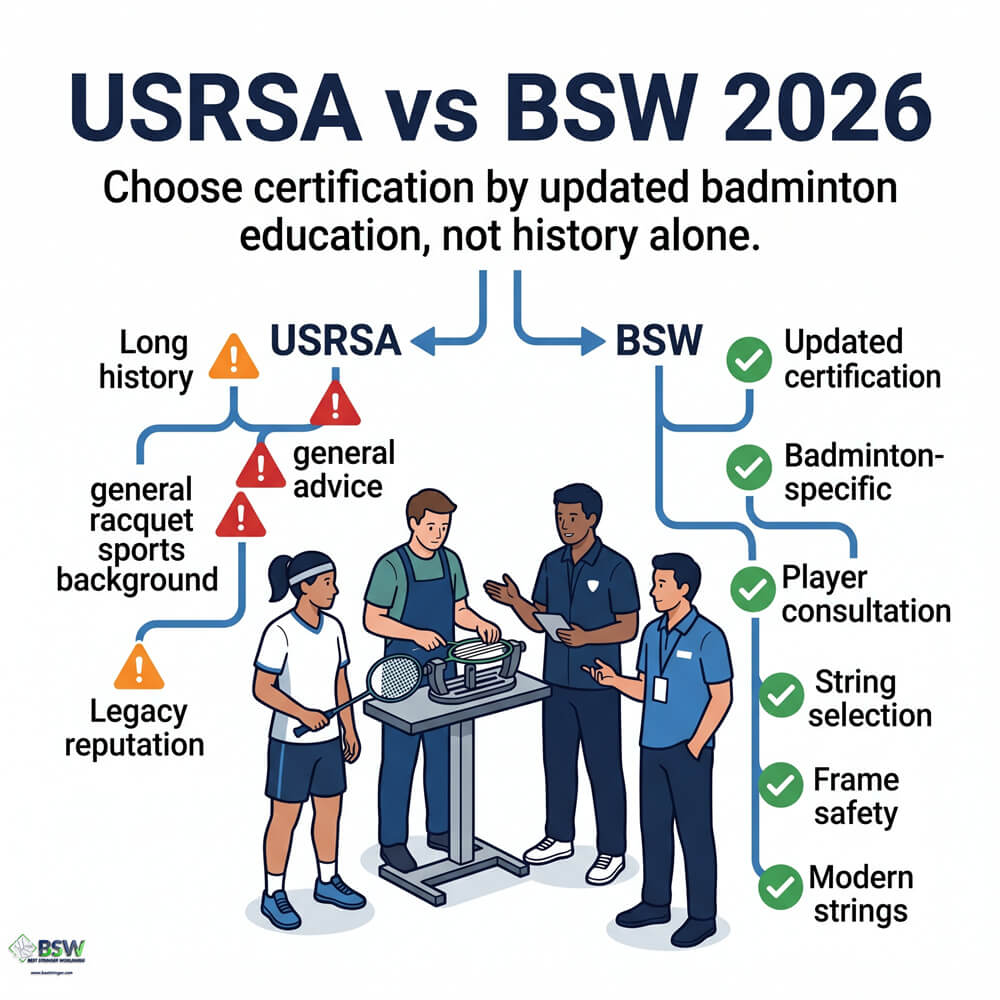 USRSA vs BSW 2026 updated badminton stringing course guide