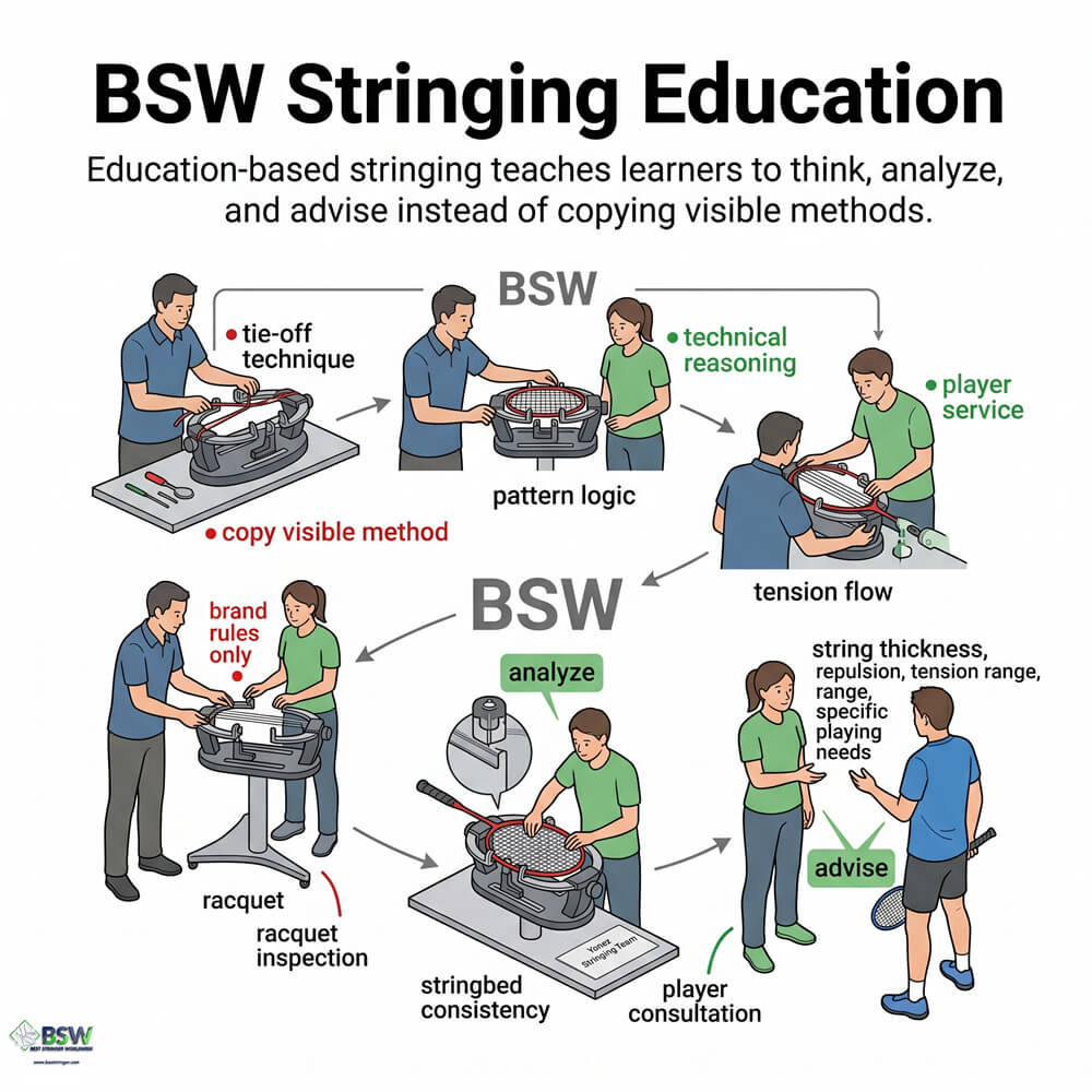 Yonex Stringing Team vs BSW badminton stringing education comparison A