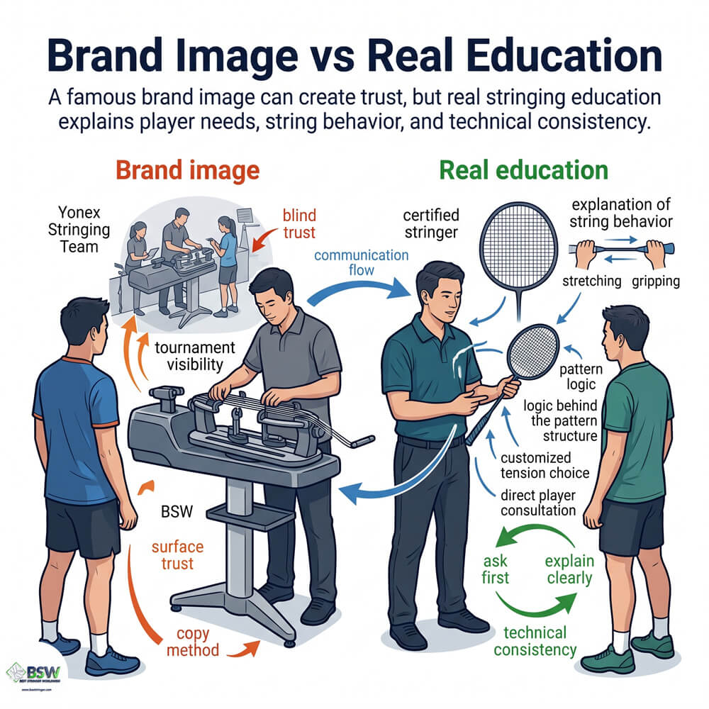Yonex Stringing Team vs BSW badminton stringing education comparison