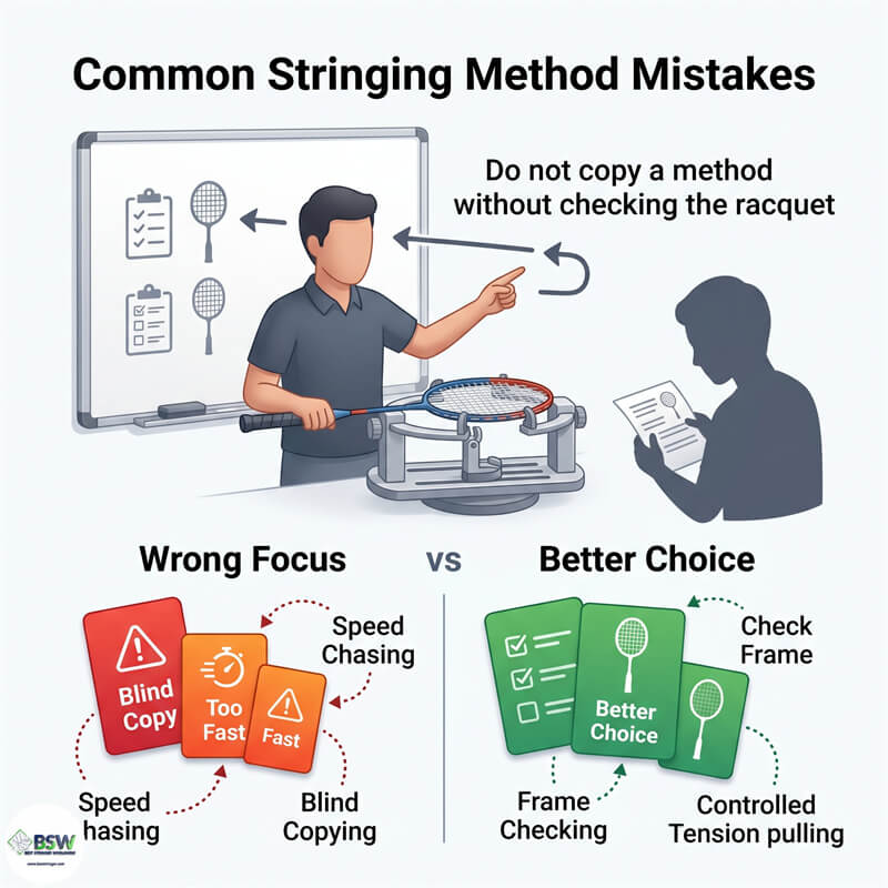 Badminton stringer diagnosing bad badminton stringing technique and incorrect ZZ Zhong Zheng 4 knots stringing pattern use