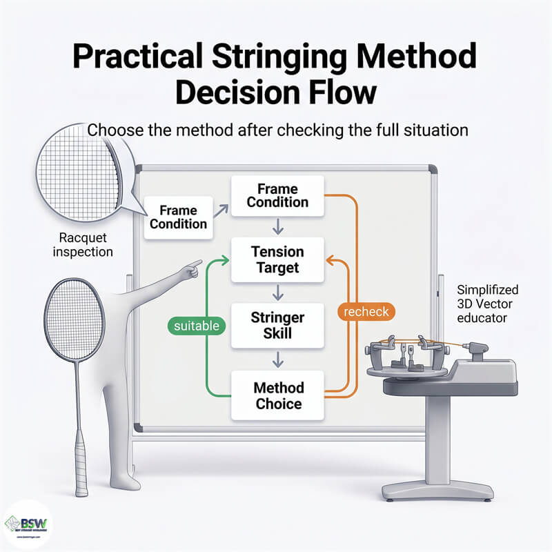 Using the professional stringing method decision framework. Badminton stringer selecting the right stringing route for improved tension consistency using ZZ Zhong Zheng 4 knots
