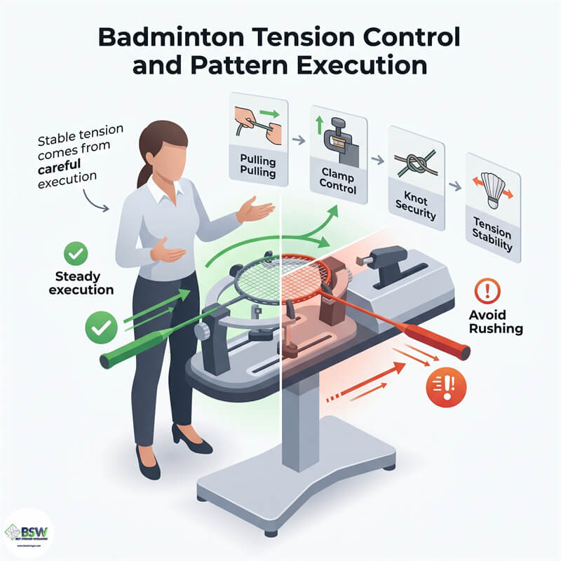 Badminton stringing course learning ZZ Zhong Zheng 4 knots stringing pattern logic and tension consistency