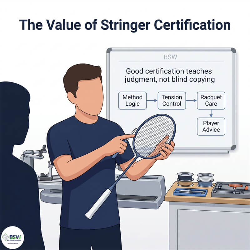 Professional stringing education philosophy. Certified stringer providing consultation on ZZ Zhong Zheng 4 knots badminton stringing method and tension control