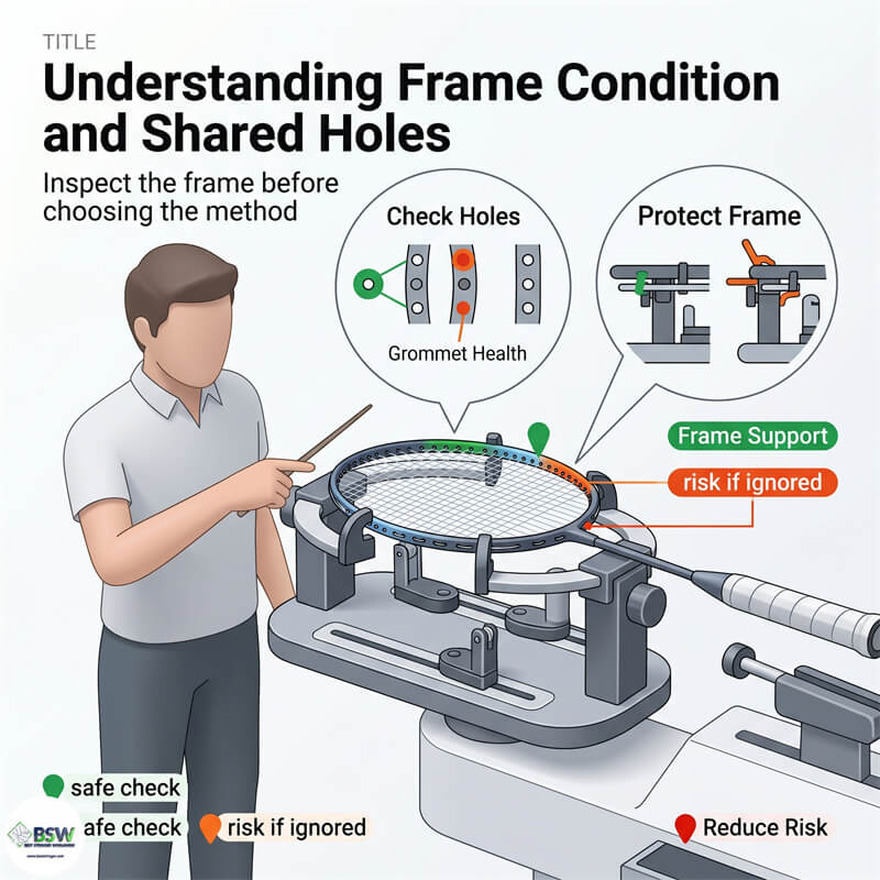 Certified stringer studying ZZ 4-knot badminton stringing workflow and proper frame support