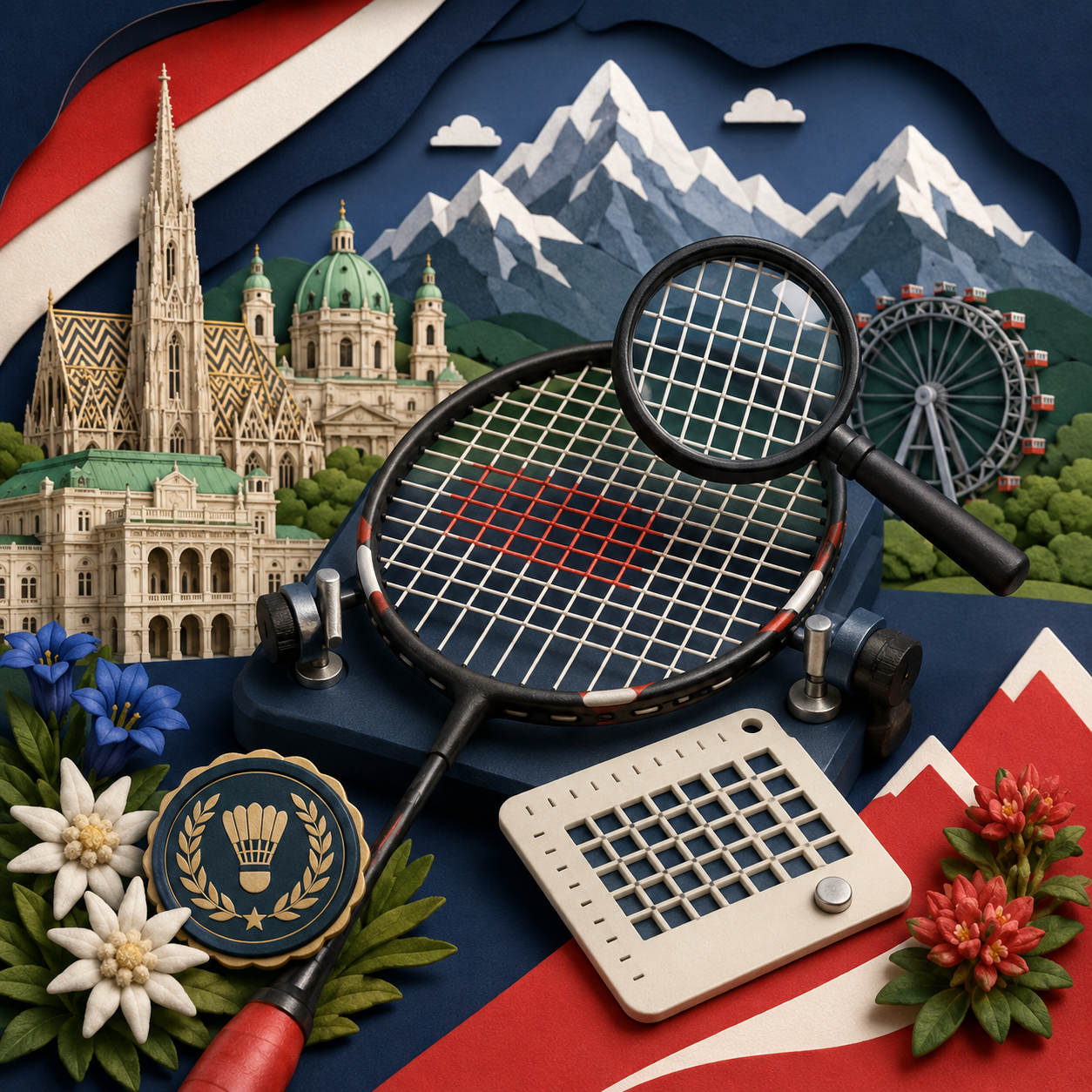 Stringer profesional Austria menunjukkan teknik pasang tali raket badminton mengikut piawaian BSW. Stringer profesional Austria menunjukkan teknik pasang tali raket badminton mengikut piawaian BSW.
