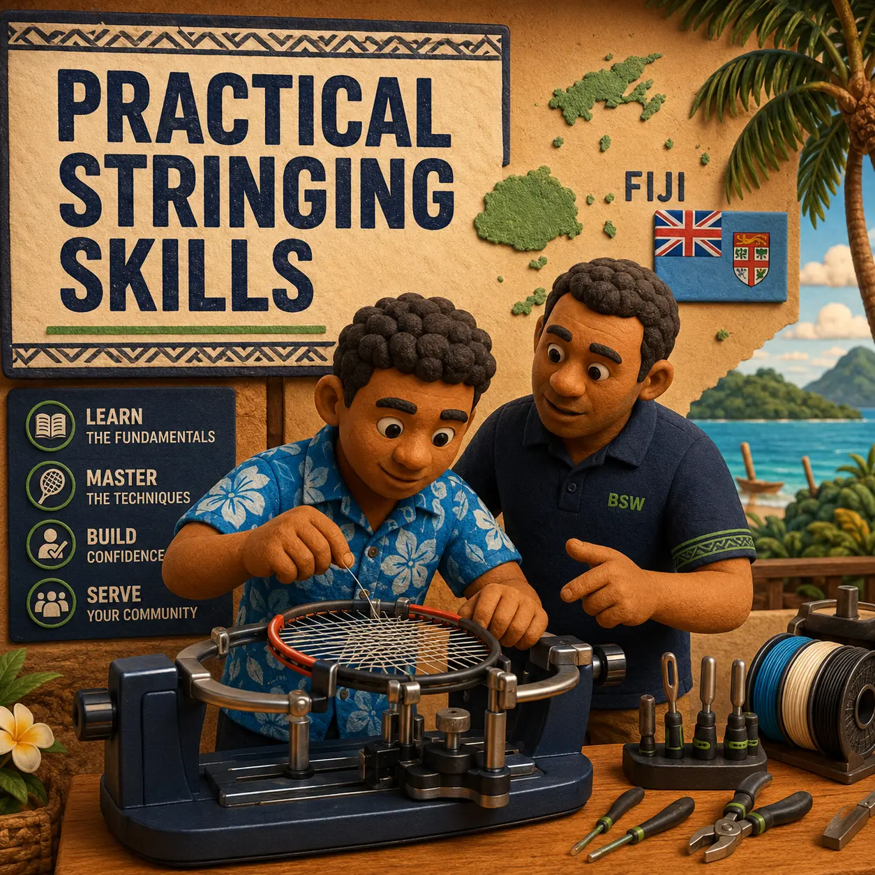 Supervised mains, crosses and knot practice Guided badminton racket stringing practice with mains crosses and knots