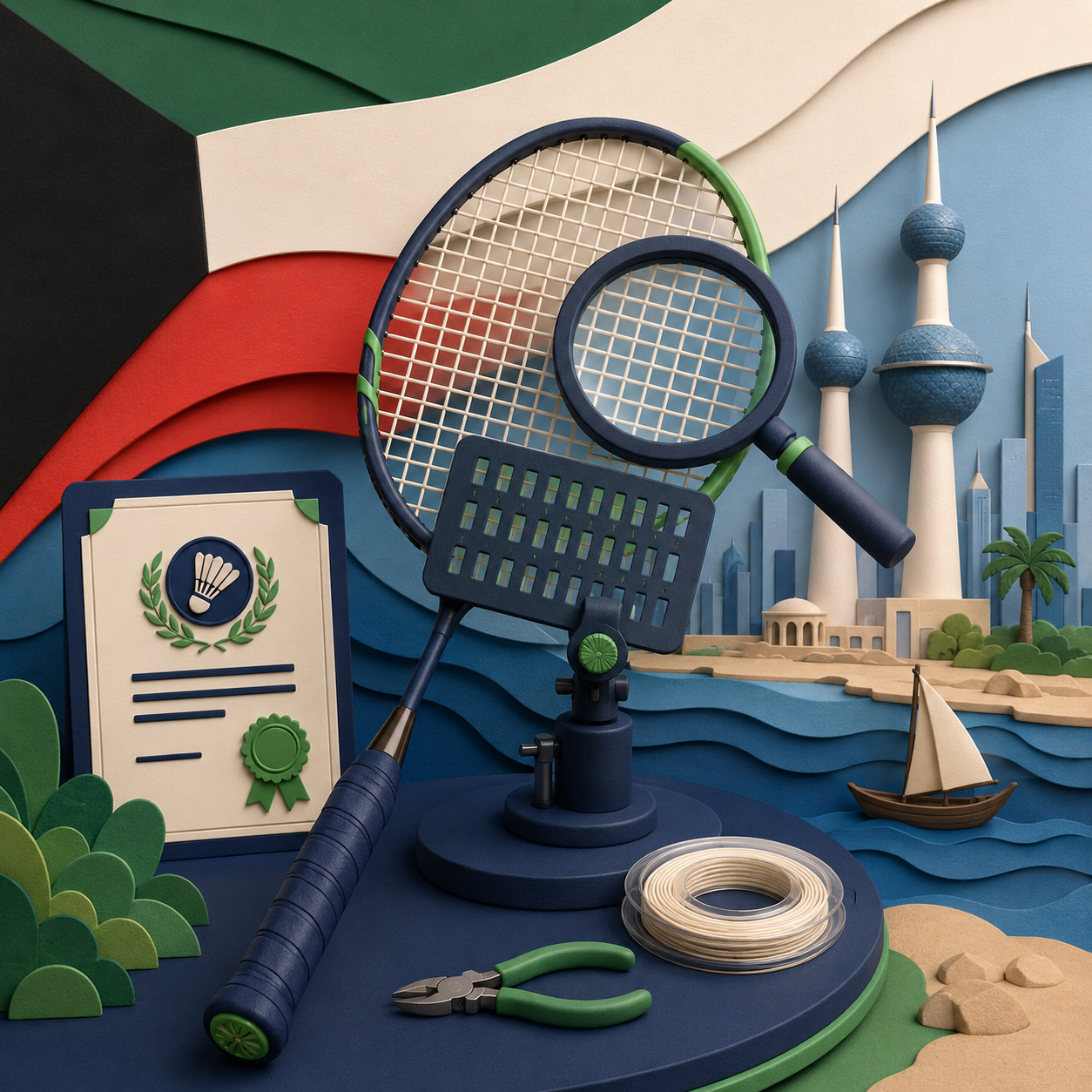 Stringer profesional Kuwait menunjukkan teknik pasang tali raket badminton mengikut piawaian BSW. Stringer profesional Kuwait menunjukkan teknik pasang tali raket badminton mengikut piawaian BSW.