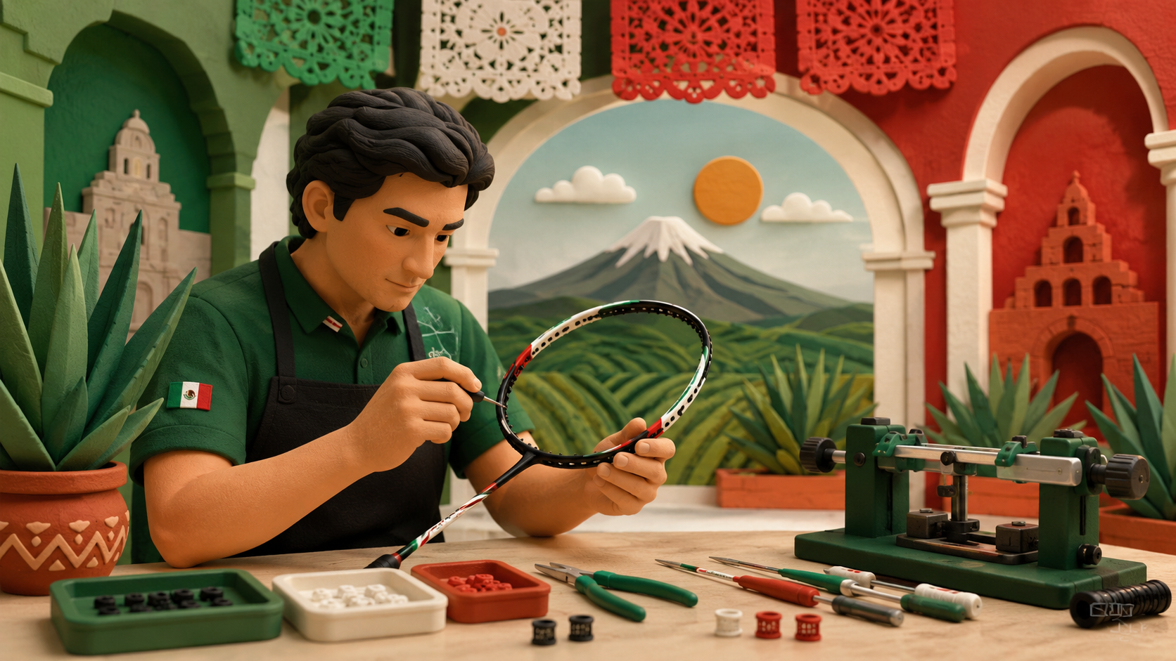 Professional Mexico stringer demonstrating badminton racquet stringing techniques with BSW standards. Professional Mexico stringer demonstrating badminton racquet stringing techniques with BSW standards.