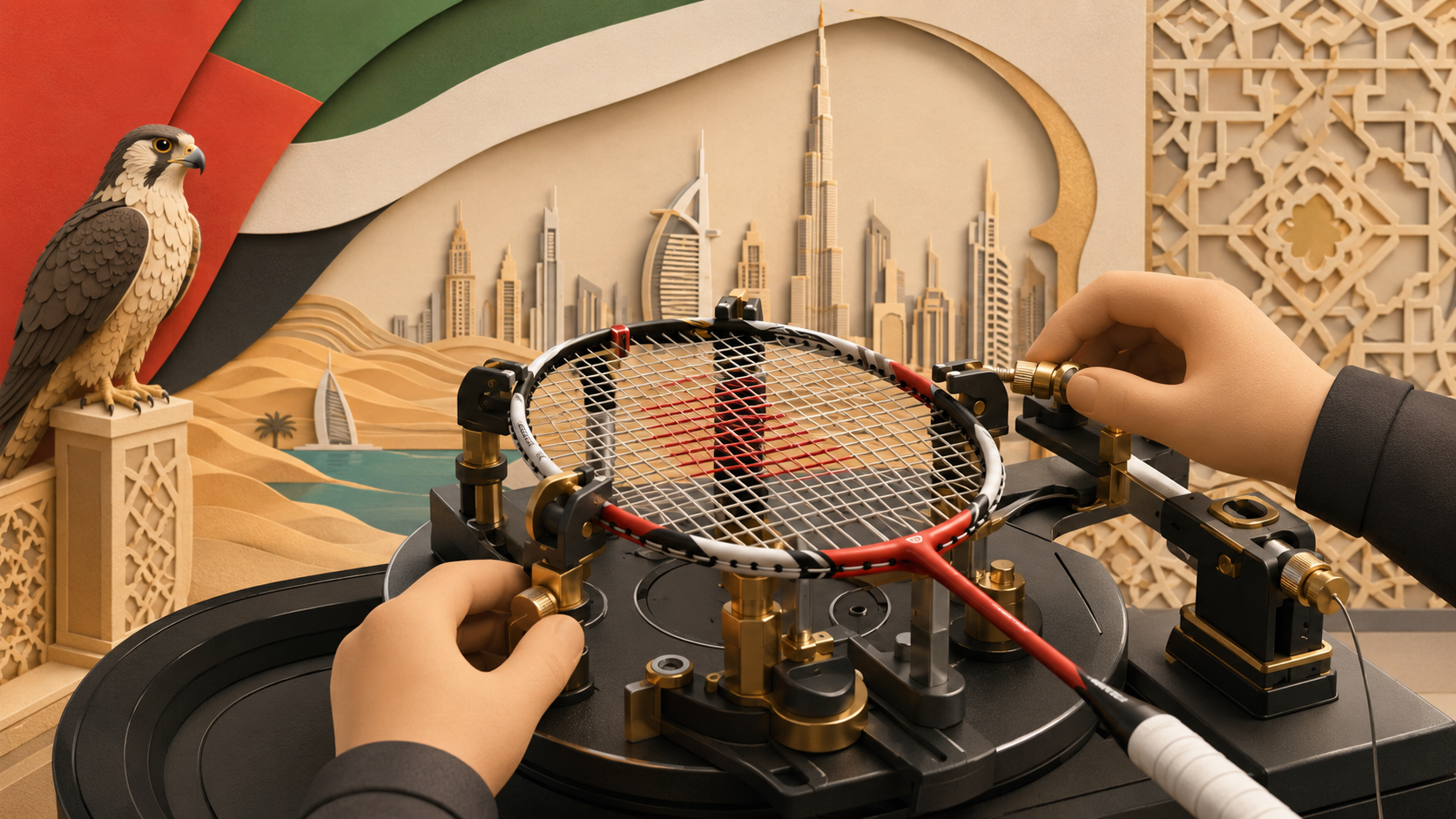 Susunan peralatan stringing profesional untuk program latihan stringer bertauliah BSAE. Susunan peralatan stringing profesional untuk program latihan stringer bertauliah BSAE.