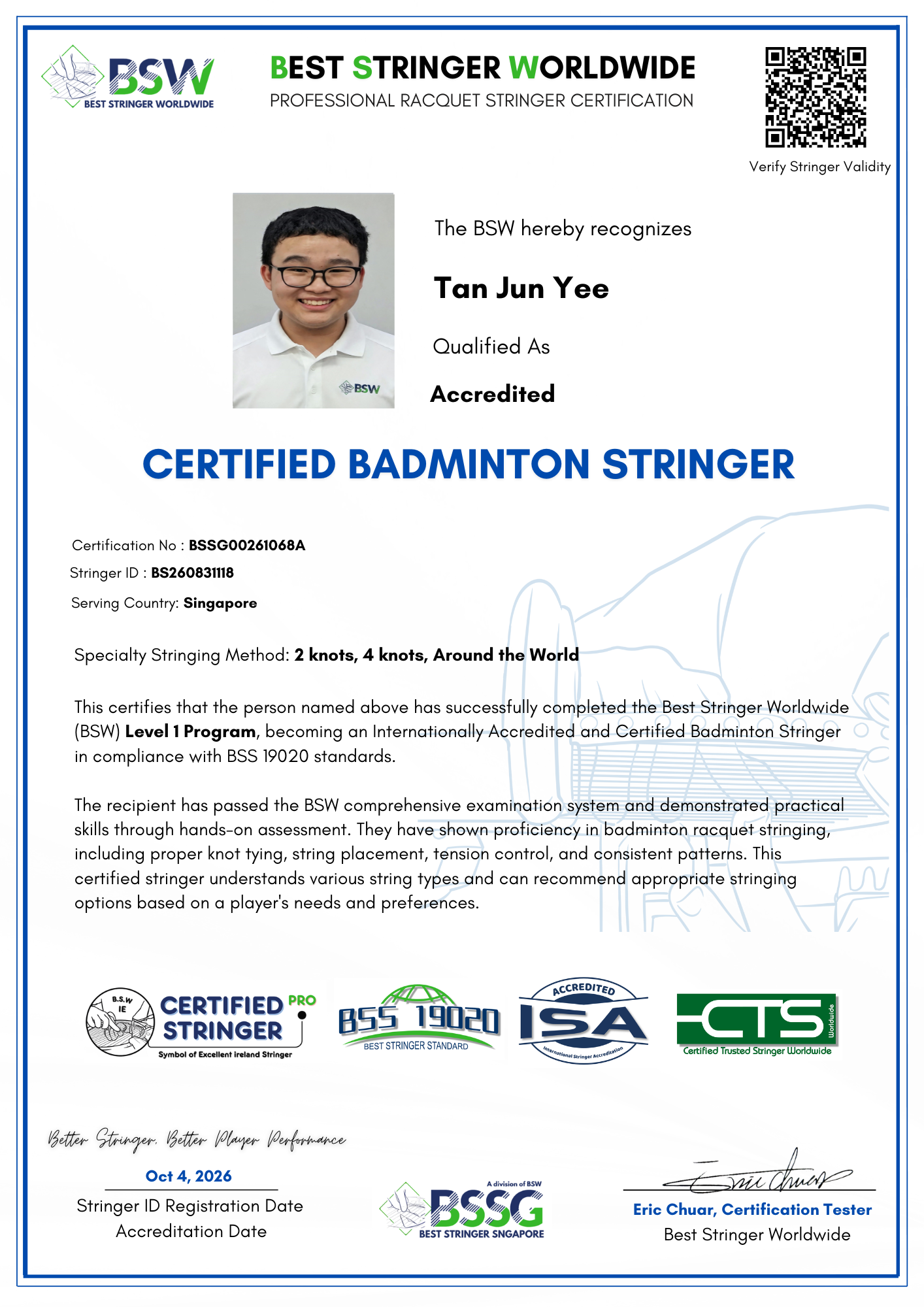 Tan Jun Yee Certified Badminton Stringer credential BSSG00261068A Tan Jun Yee BSW Accredited Certified Badminton Stringer certificate, Stringer ID BS260831118, Singapore