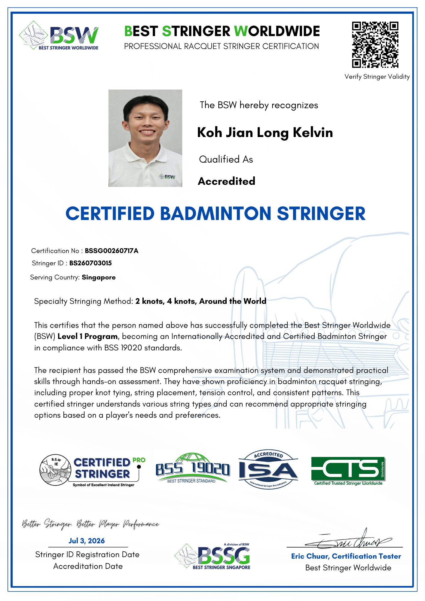 BSW Accredited Certified Badminton Stringer certificate for Koh Jian Long Kelvin, Stringer ID BS260703015, serving Singapore