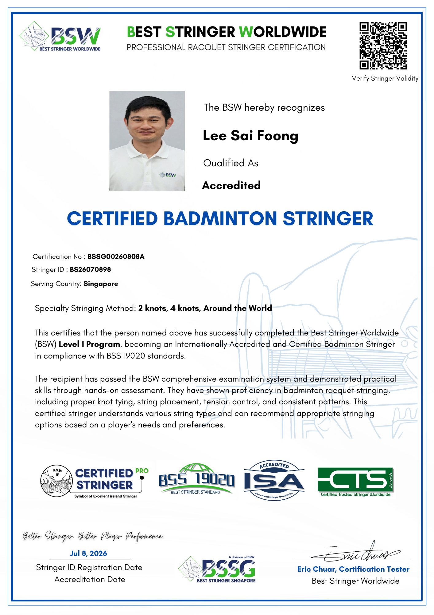 Lee Sai Foong BSW Certified Badminton Stringer certificate, Stringer ID BS26070898, Singapore.