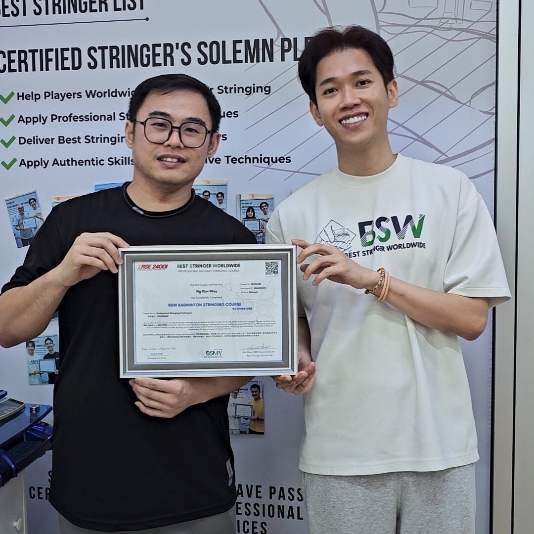 Ng Kim Way, left, with Eric Chuar holding his BSW badminton stringing course completion certificate Ng Kim Way, left, with Eric Chuar holding his BSW badminton stringing course completion certificate