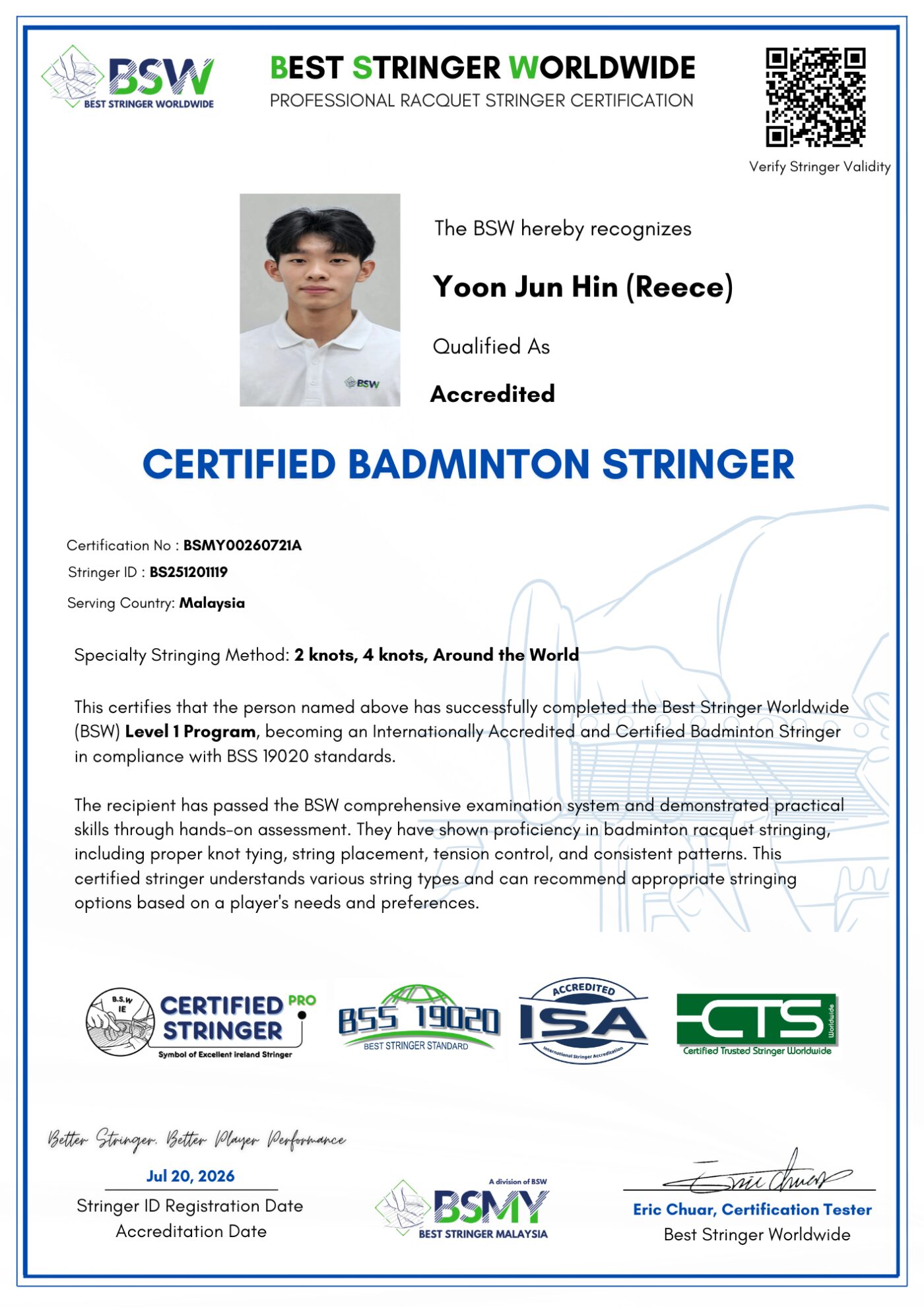 BSW Level 1 accreditation certificate for Yoon Jun Hin (Reece), Stringer ID BS251201119